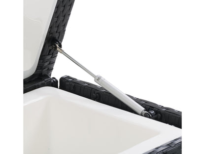Alt Text: Stylish outdoor cooler table with a sleek black finish, featuring a textured surface, built-in storage compartment, and sturdy legs, perfect for patio entertaining and keeping drinks chilled.