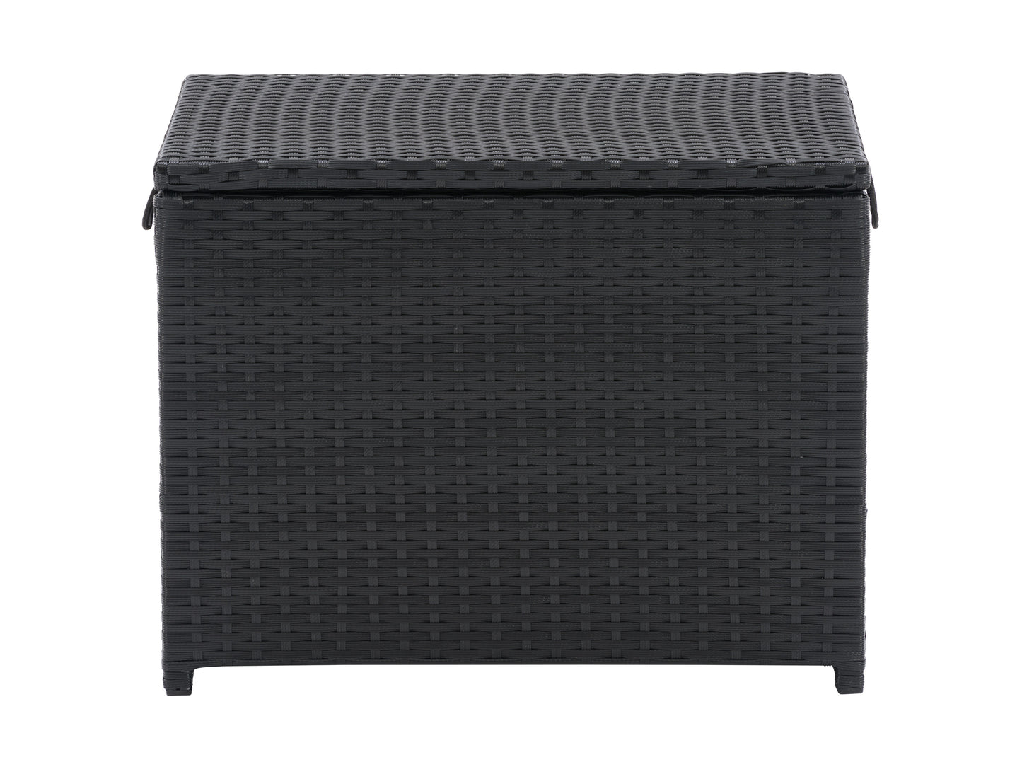Outdoor Cooler Table in sleek black finish with a built-in ice bucket. Features a sturdy, weather-resistant rattan design and a spacious tabletop, perfect for patio storage and entertaining guests.