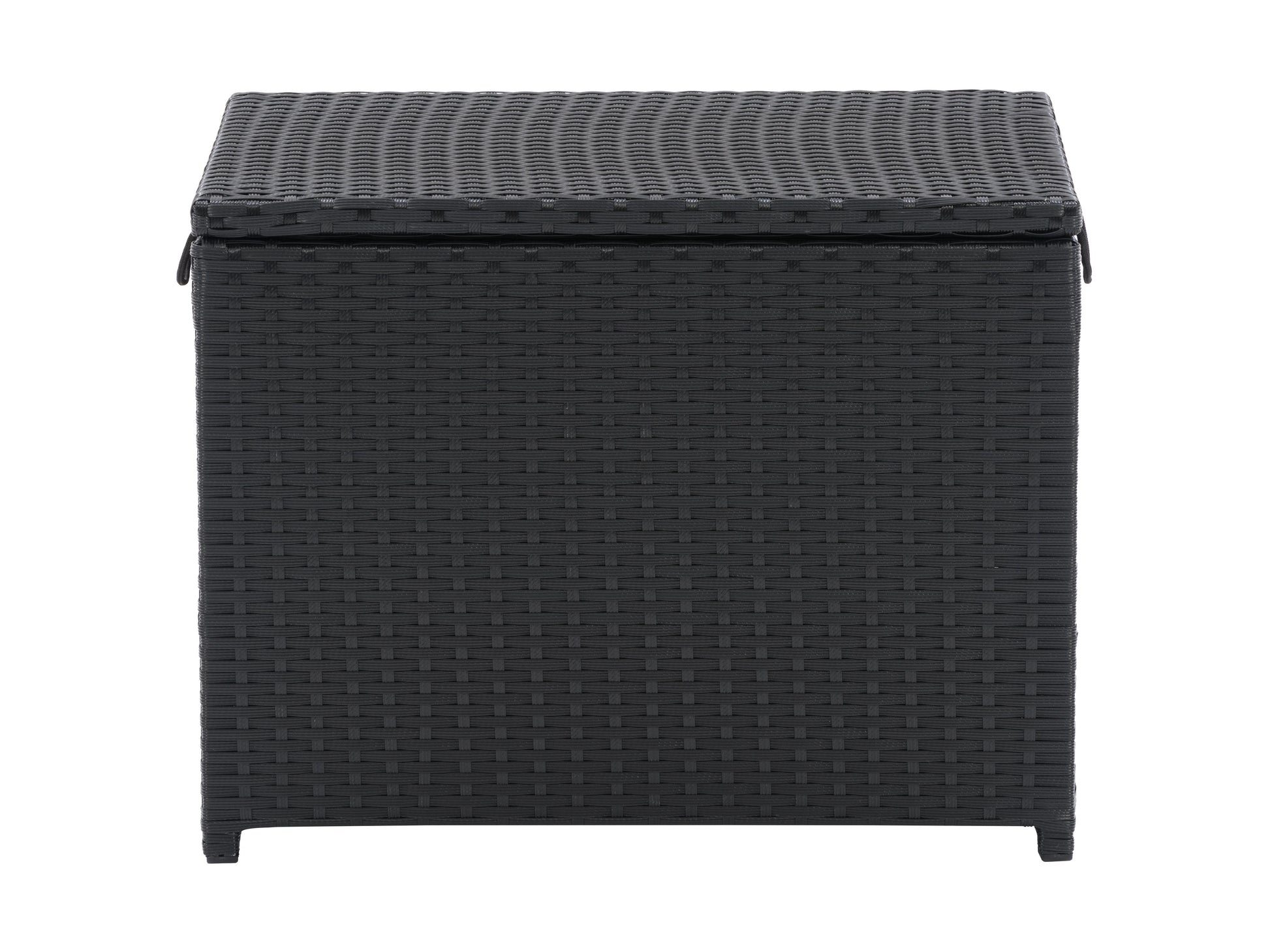 Outdoor Cooler Table in sleek black finish with a built-in ice bucket. Features a sturdy, weather-resistant rattan design and a spacious tabletop, perfect for patio storage and entertaining guests.