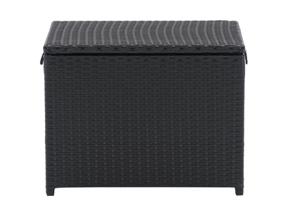 Outdoor Cooler Table in sleek black finish with a built-in ice bucket. Features a sturdy, weather-resistant rattan design and a spacious tabletop, perfect for patio storage and entertaining guests.