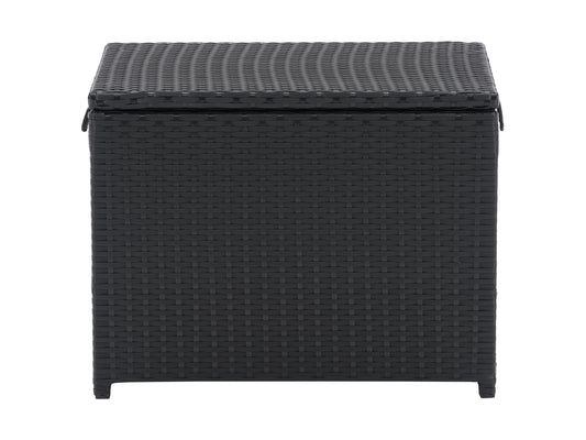 Outdoor Cooler Table in sleek black finish with a built-in ice bucket. Features a sturdy, weather-resistant rattan design and a spacious tabletop, perfect for patio storage and entertaining guests.