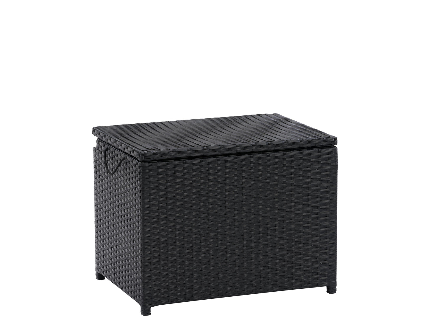 Gray rattan outdoor cooler table with a sleek, modern design, featuring a lift-top lid, built-in storage, and a durable, weather-resistant finish, perfect for patio or backyard entertaining.