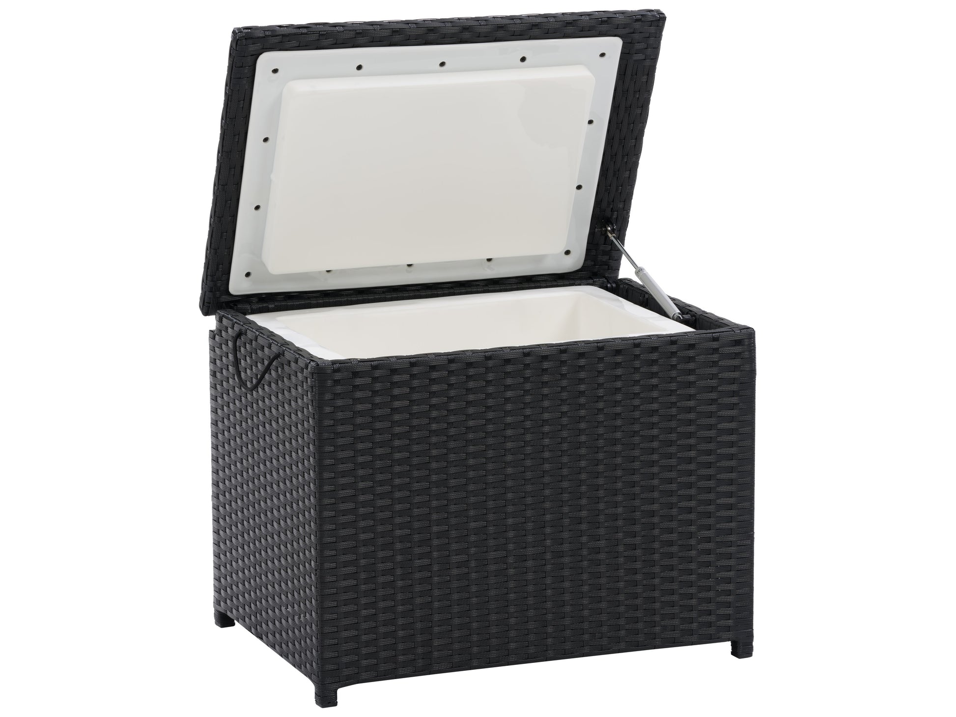 Outdoor cooler table with a sleek black wicker design, featuring a spacious top surface and built-in storage compartment, perfect for patio use.