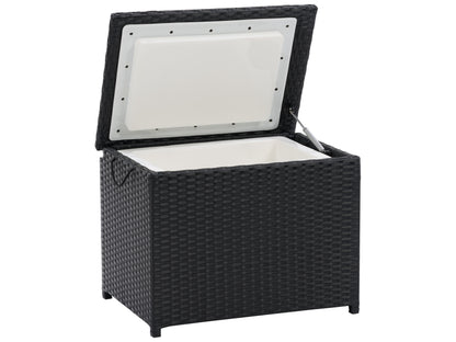 Outdoor cooler table with a sleek black wicker design, featuring a spacious top surface and built-in storage compartment, perfect for patio use.