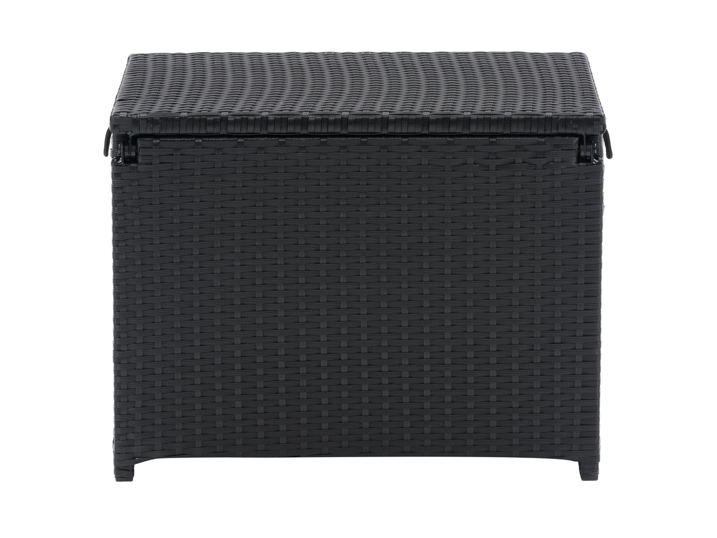 Sleek black outdoor cooler table with a built-in ice compartment and wooden top, perfect for patio storage and entertaining. Durable materials and modern design make it ideal for backyard gatherings and BBQs.