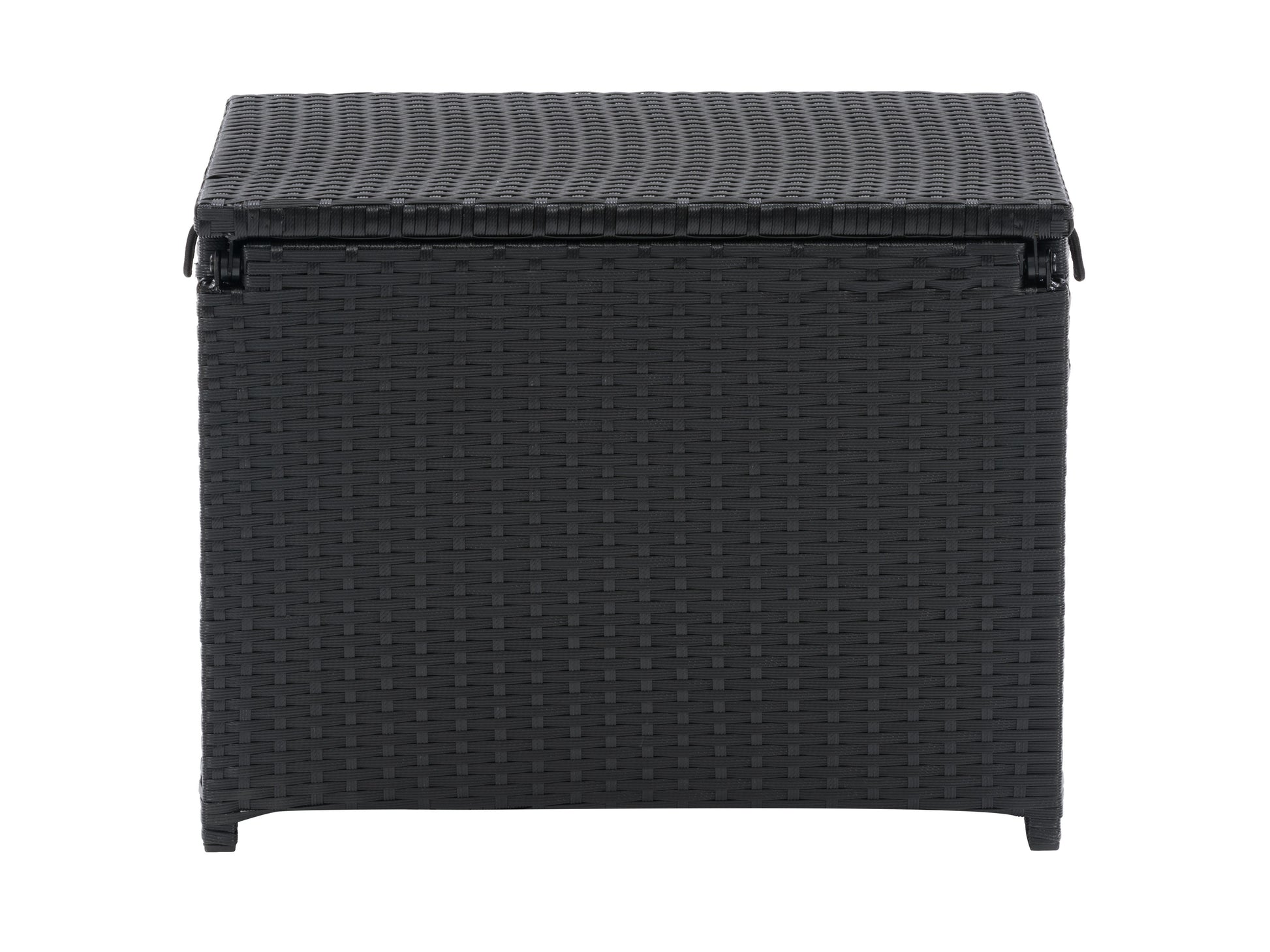 Sleek black outdoor cooler table with a built-in ice compartment and wooden top, perfect for patio storage and entertaining. Durable materials and modern design make it ideal for backyard gatherings and BBQs.