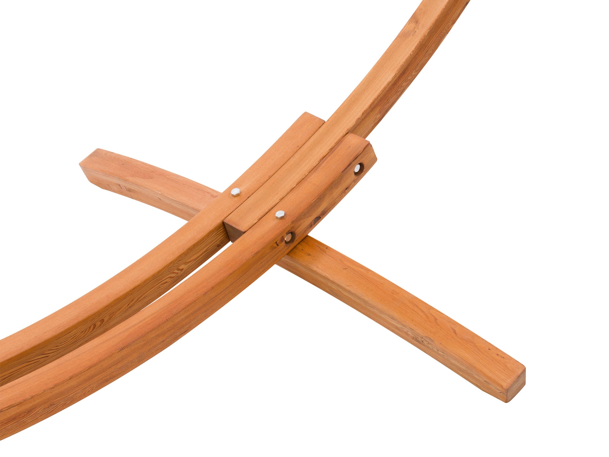 Beige patio hammock with wooden stand, durable fabric, and elegant curved design for outdoor relaxation.