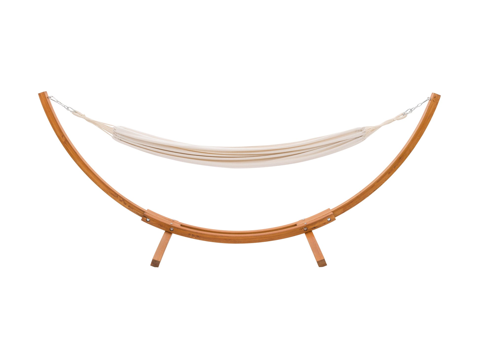 Beige patio hammock with wooden stand, durable fabric, and a comfortable, stylish design for outdoor relaxation.