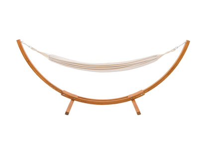 Beige patio hammock with wooden stand, durable fabric, and a comfortable, stylish design for outdoor relaxation.
