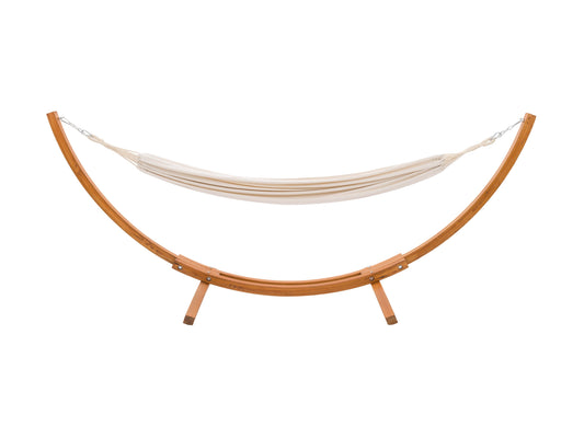 Beige patio hammock with wooden stand, durable fabric, and a comfortable, stylish design for outdoor relaxation.