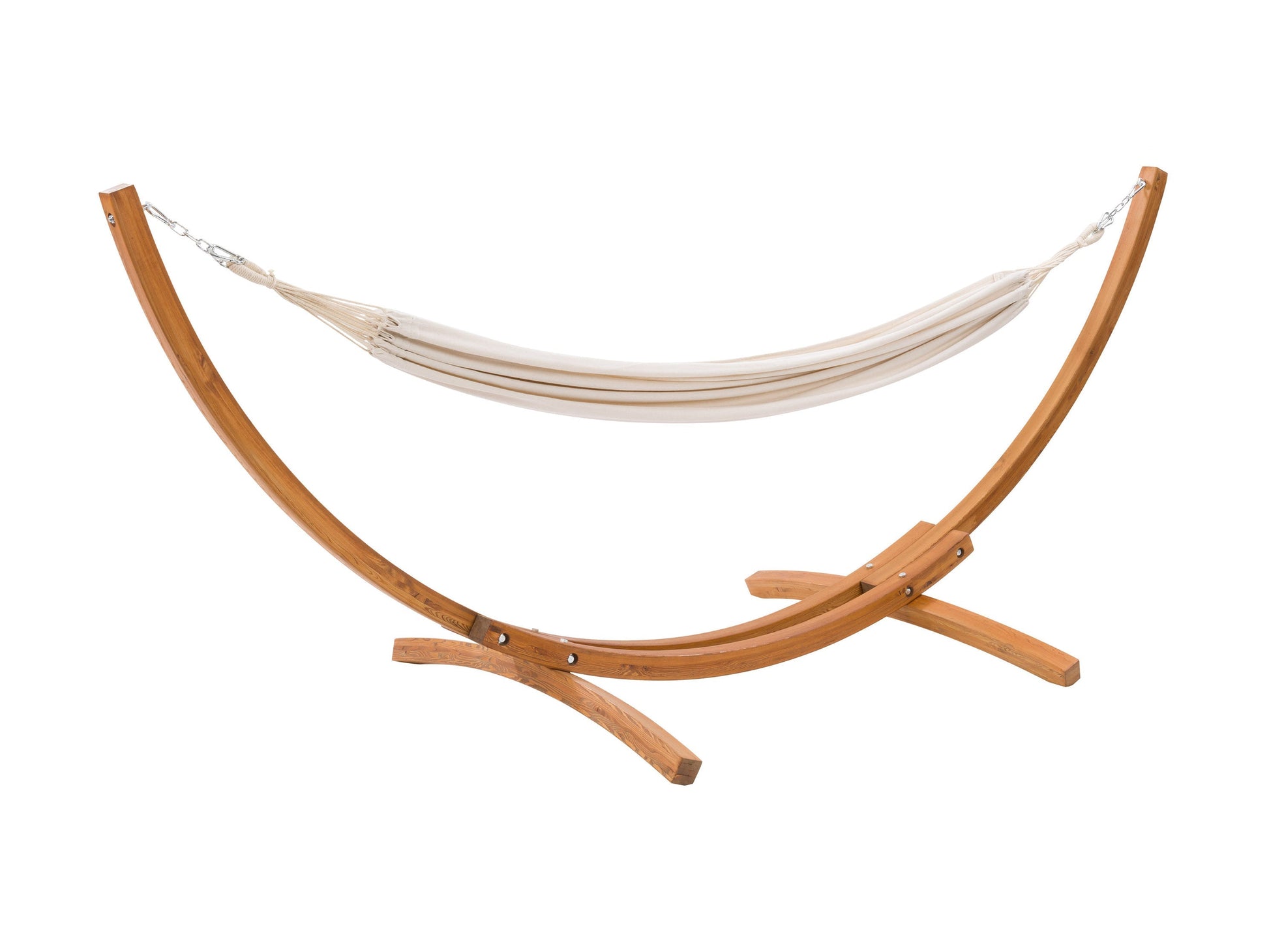 Beige patio hammock with durable fabric and wooden stand, perfect for outdoor relaxation and garden lounging.