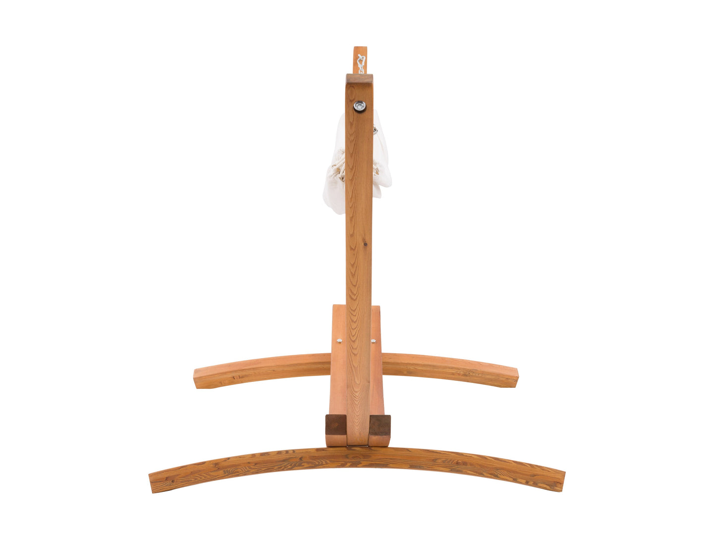 Beige patio hammock with wooden stand, durable fabric, and elegant design for outdoor relaxation.
