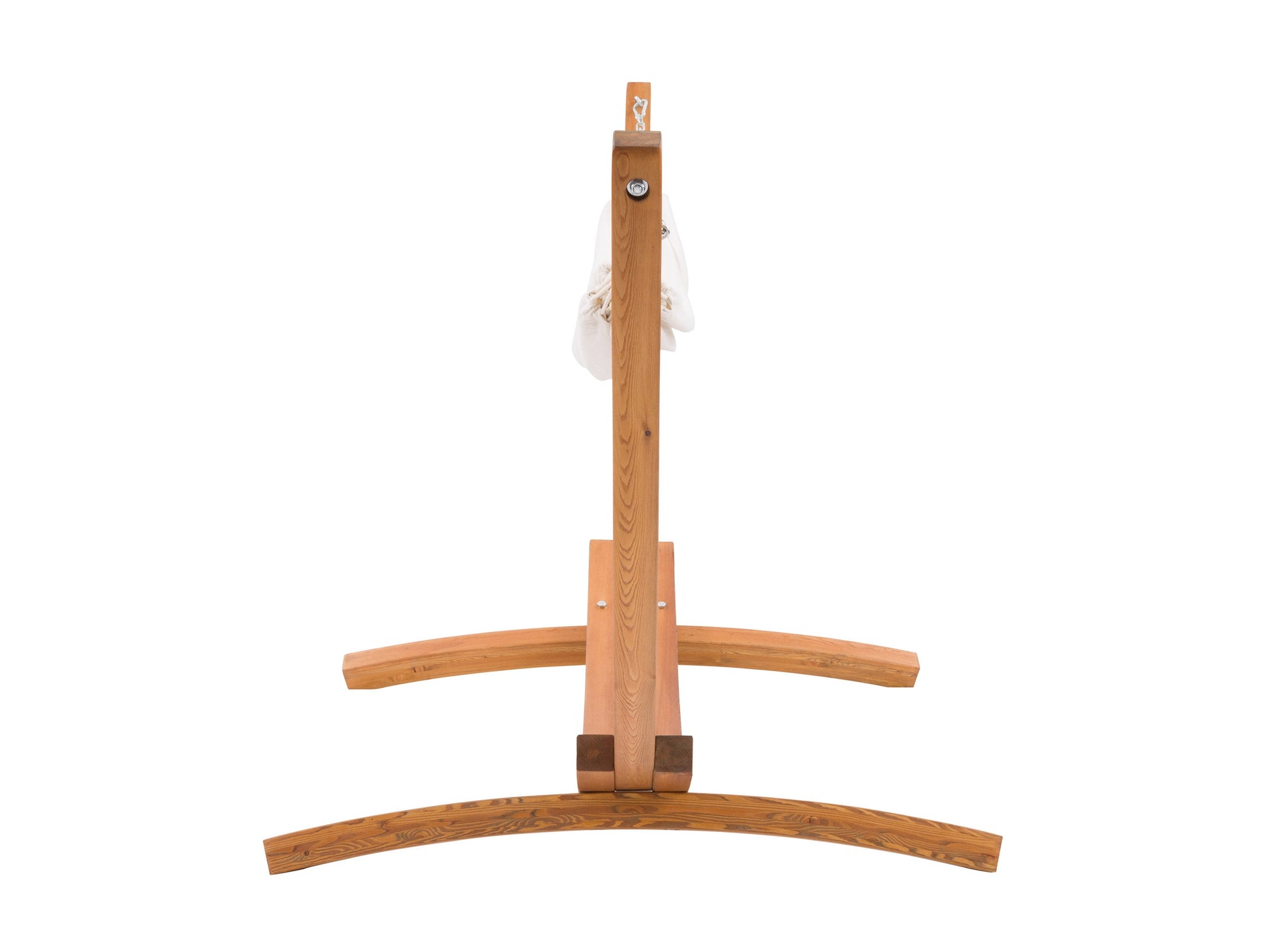 Beige patio hammock with wooden stand, durable fabric, and elegant design for outdoor relaxation.