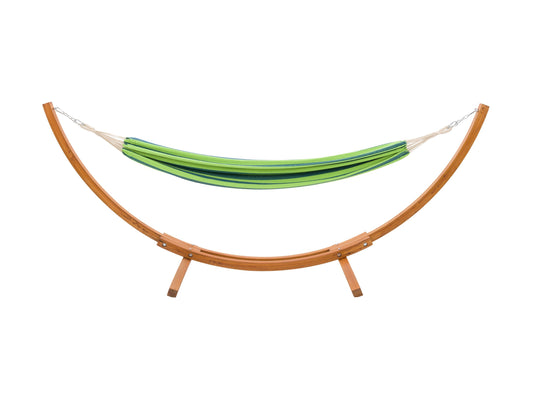Blue and green patio hammock with wooden stand, durable fabric, and comfortable design for outdoor relaxation.