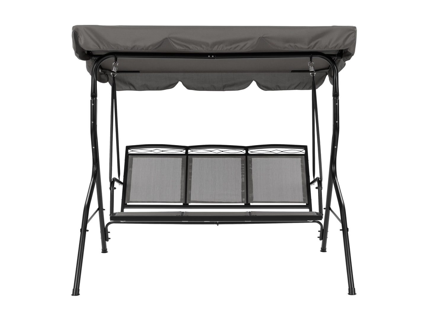 Grey patio swing with canopy, cushioned seats, and sturdy metal frame for outdoor relaxation.