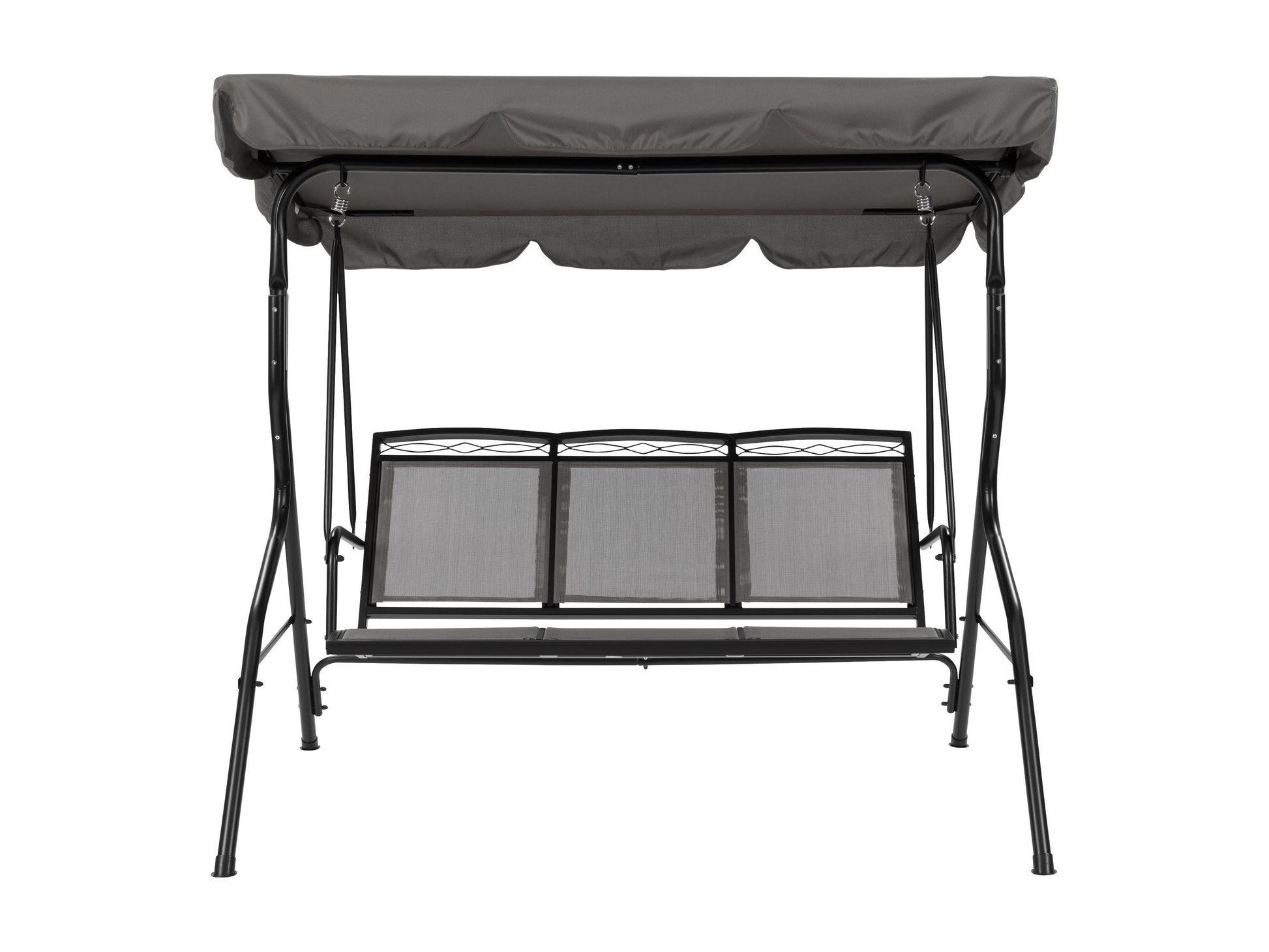 Grey patio swing with canopy, cushioned seats, and sturdy metal frame for outdoor relaxation.