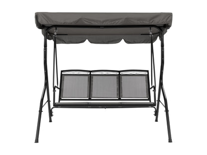 Grey patio swing with canopy, cushioned seats, and sturdy metal frame for outdoor relaxation.