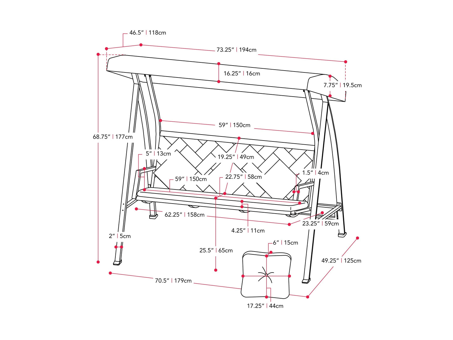 Grey patio swing with canopy, cushioned seats, and sturdy metal frame for outdoor relaxation.