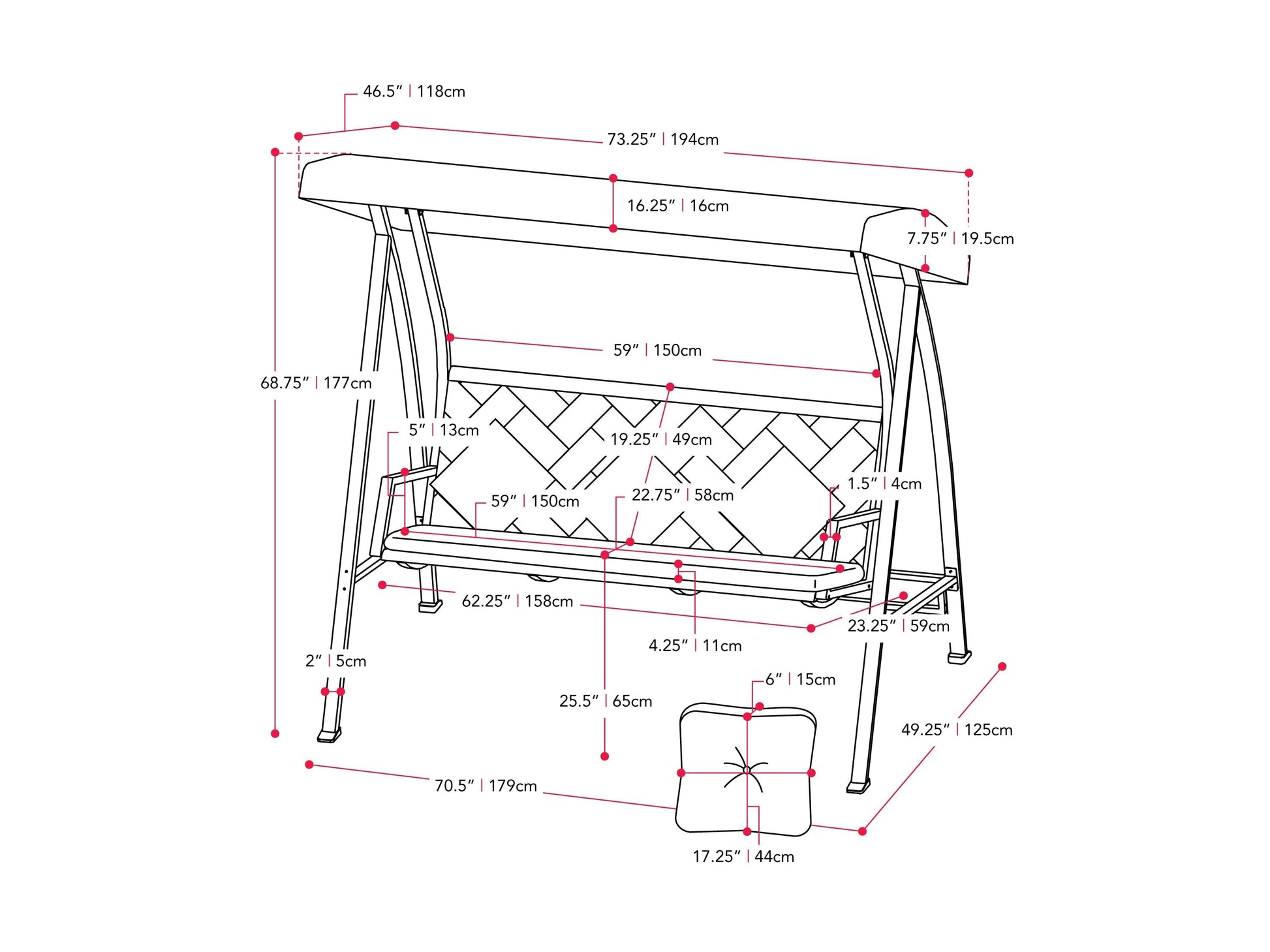 Grey patio swing with canopy, cushioned seats, and sturdy metal frame for outdoor relaxation.