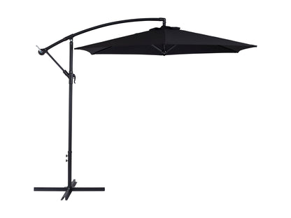 Black 9ft tilting cantilever patio umbrella with UV protection and sturdy aluminum frame for outdoor shade.