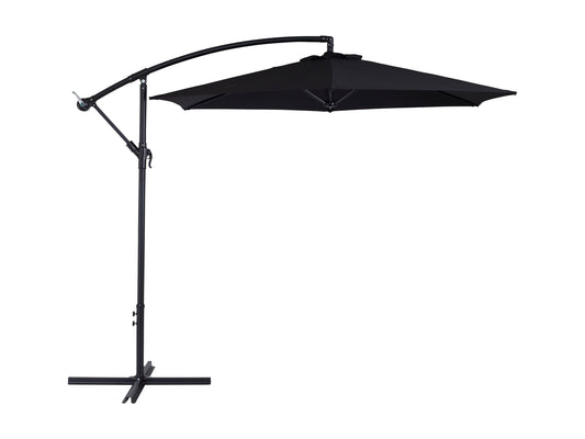 Black 9ft tilting cantilever patio umbrella with UV protection and sturdy aluminum frame for outdoor shade.