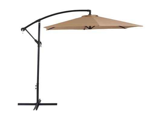 9ft taupe cantilever patio umbrella with tilting feature and durable aluminum frame.