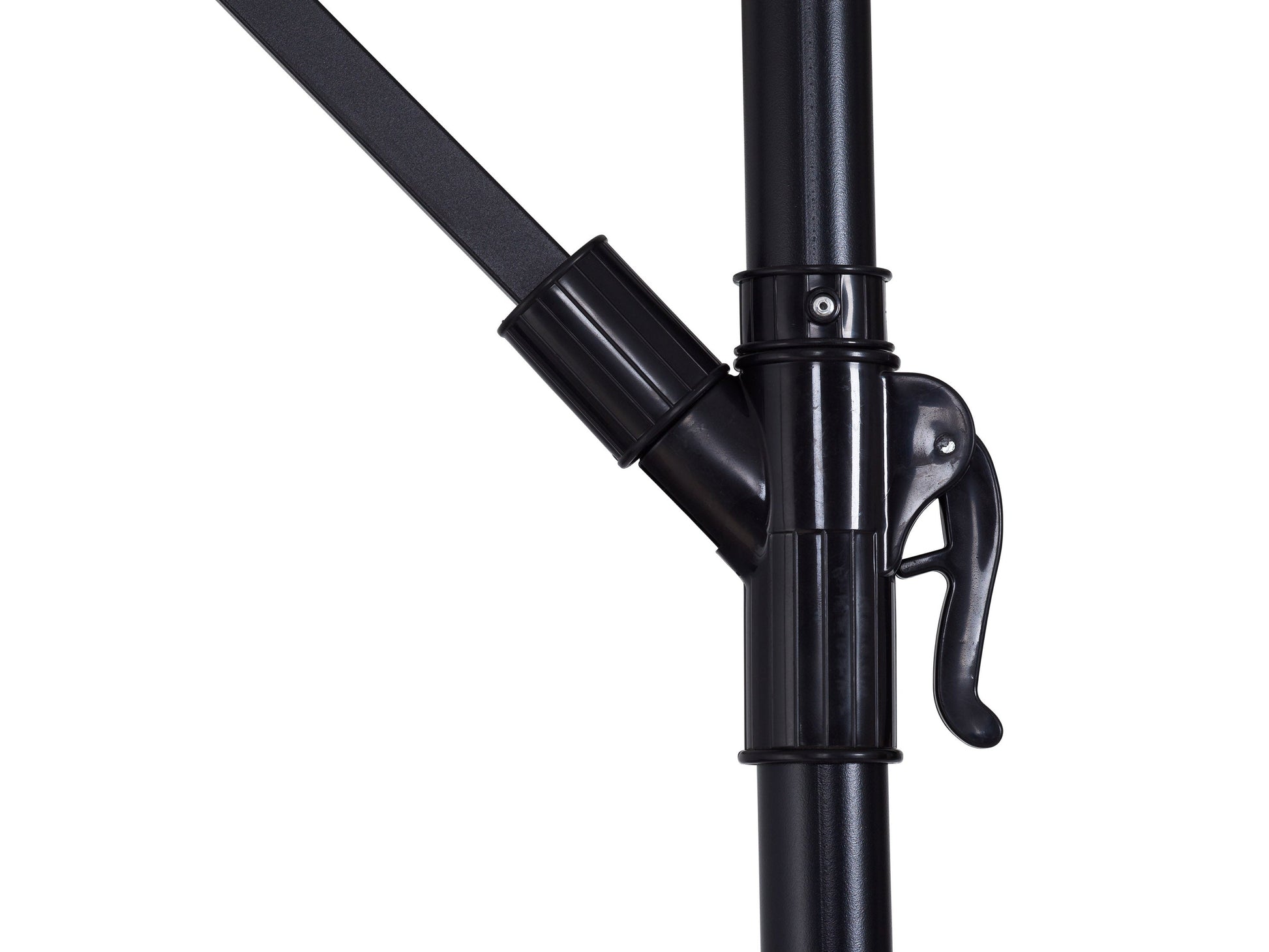 Navy blue 9ft cantilever patio umbrella, tilting feature, UV-resistant fabric, and sturdy aluminum frame.