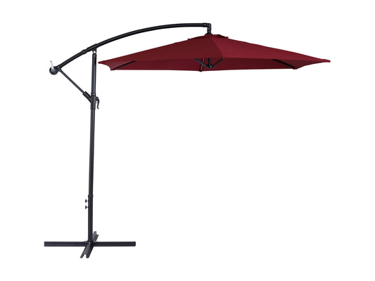 Wine red 9ft cantilever patio umbrella with tilting feature, durable fabric, and sturdy aluminum pole for outdoor use.