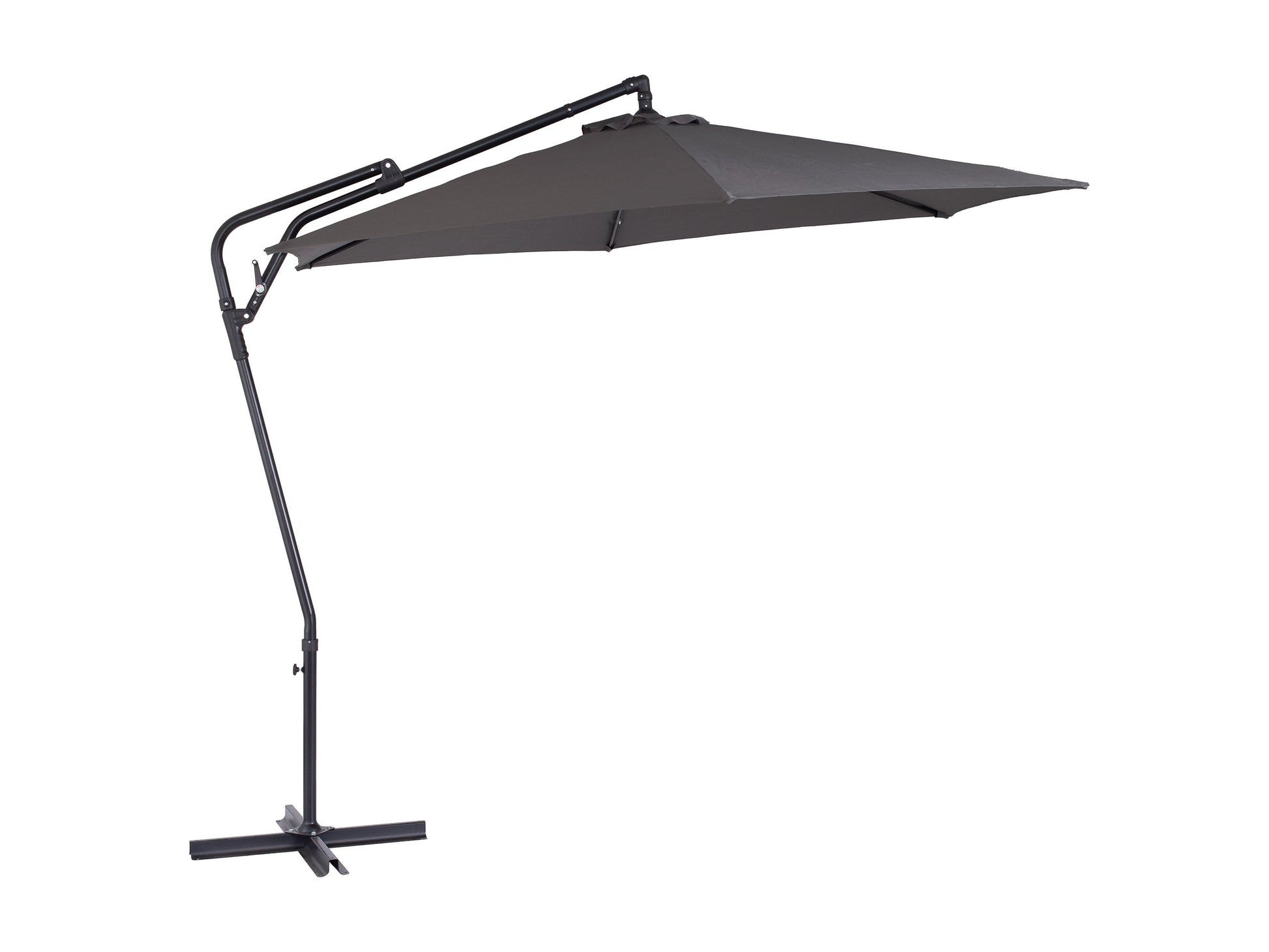 10ft grey cantilever patio umbrella, tilting feature, durable fabric, adjustable canopy, outdoor furniture.
