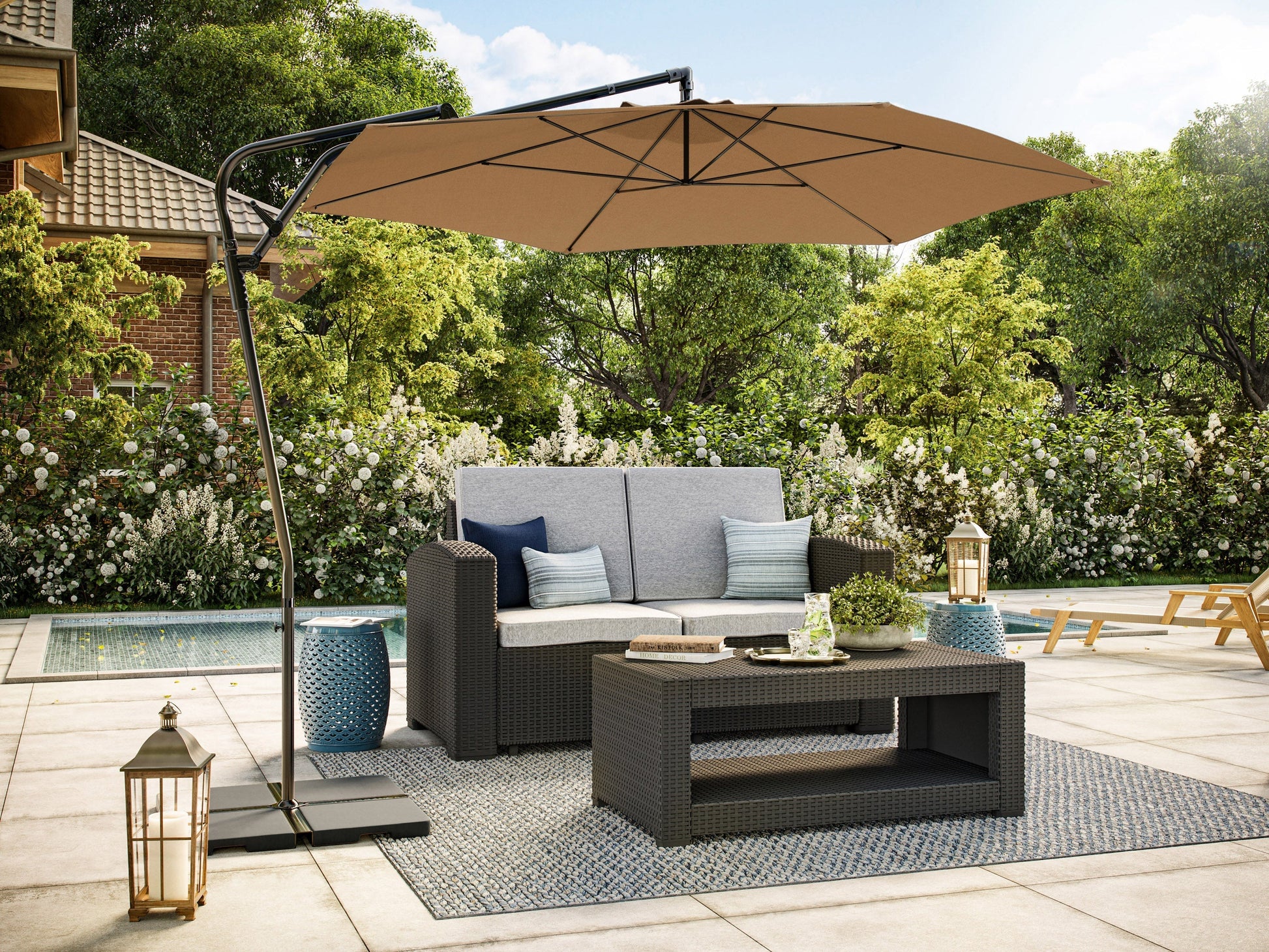 10ft taupe cantilever patio umbrella with tilting feature, sturdy metal frame, and weather-resistant fabric.