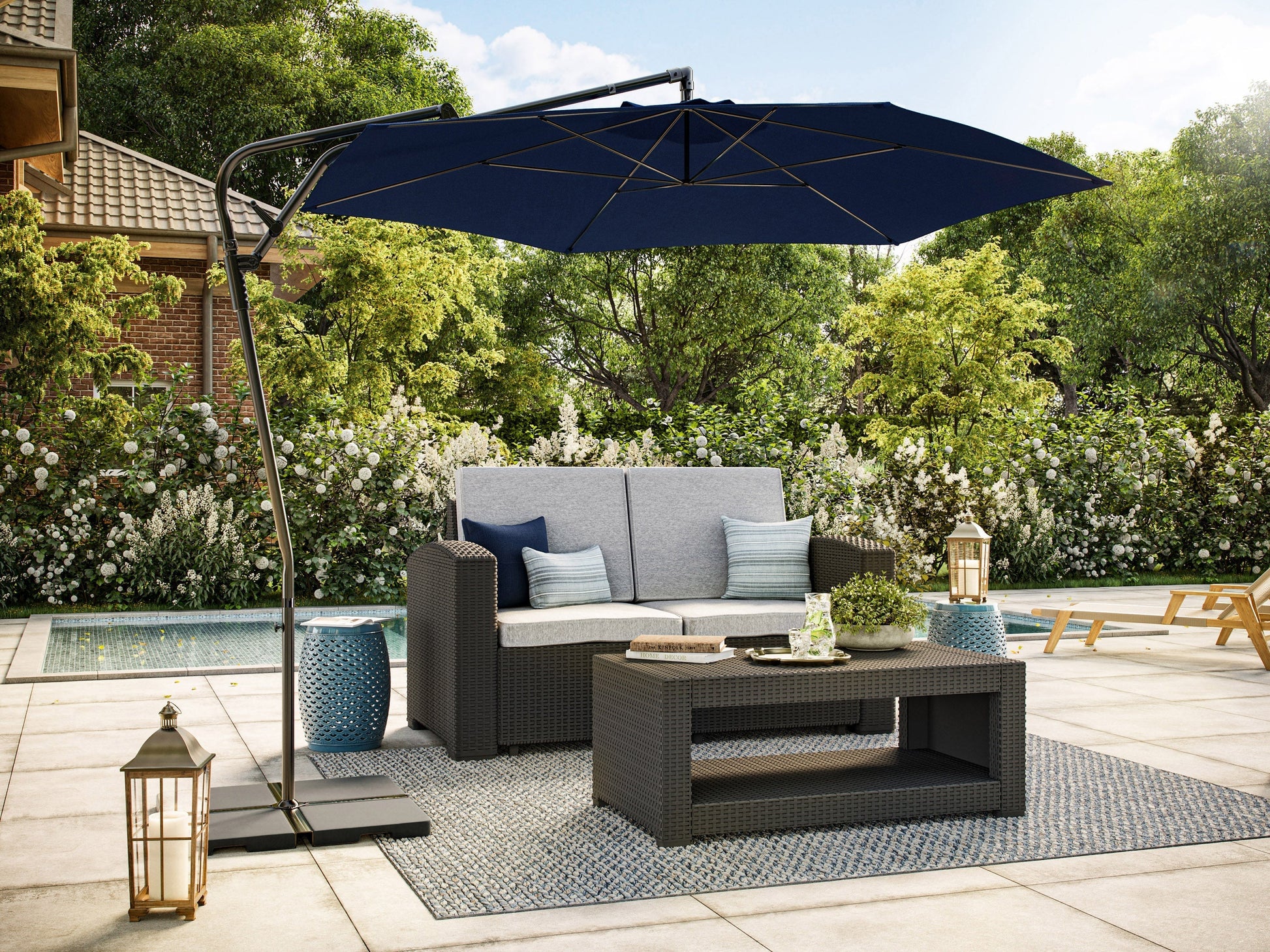 cantilever patio umbrella navy blue 10' x 10' Valencia 90 Make every outdoor moment comfortable and memorable with this reliable shade provider PURPLE LEAF Cantilever Umbrella 10'