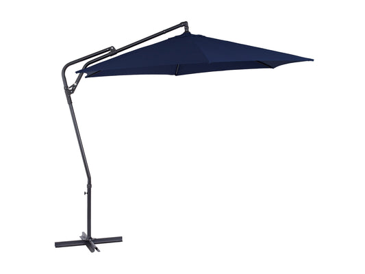 Navy blue 10ft cantilever patio umbrella with tilting feature and sturdy base for outdoor shade.