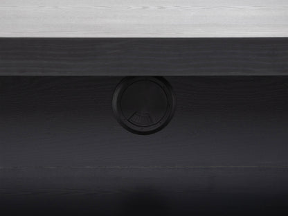Extra wide TV stand for 95" TVs, dark wood finish with open shelves and sleek black metal frame.