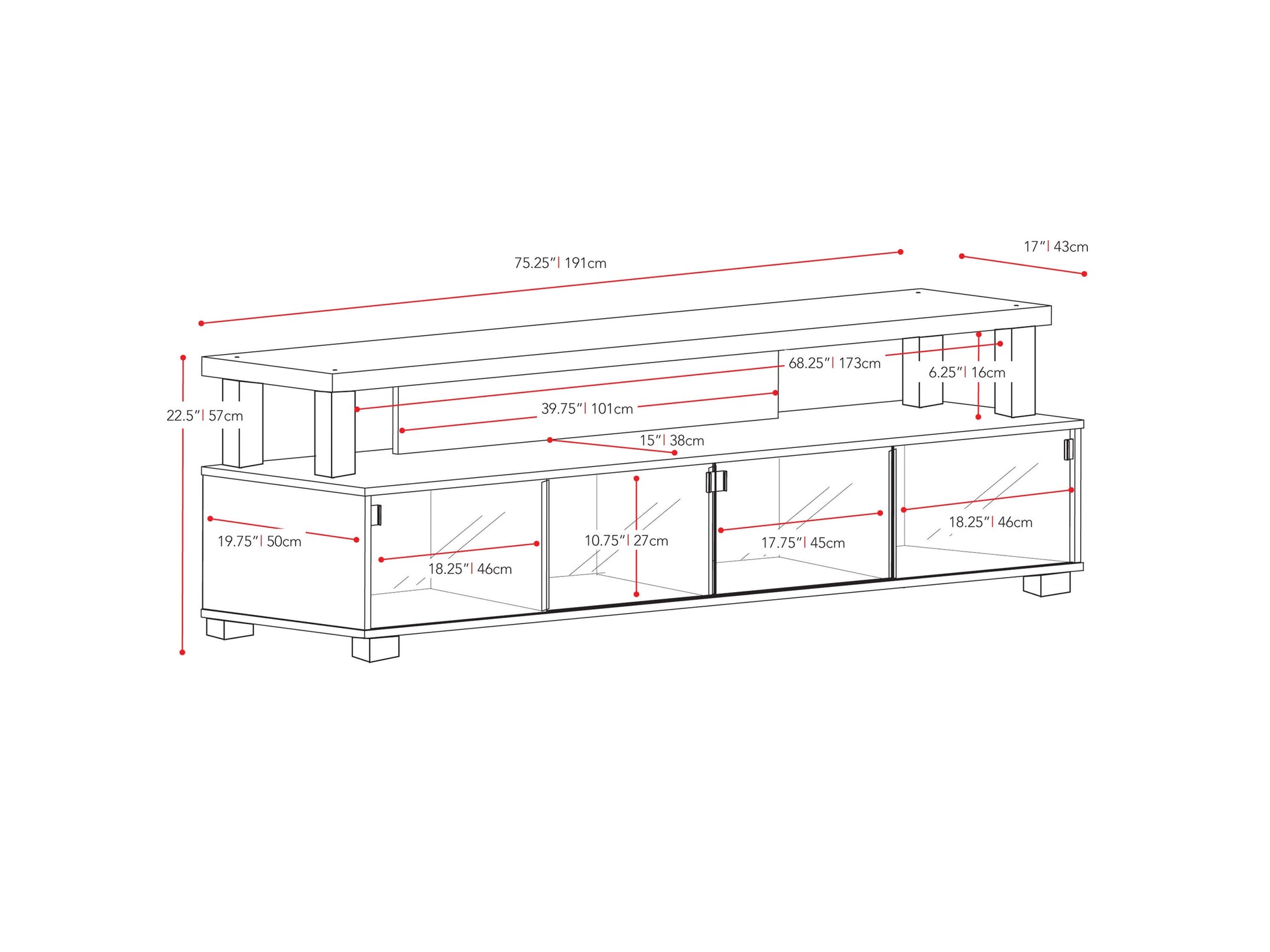 Extra wide TV stand for 95" TVs, dark wood finish, open shelving, cable management, sleek modern design.