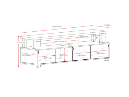 Extra wide TV stand for 95" TVs, dark wood finish, open shelving, cable management, sleek modern design.