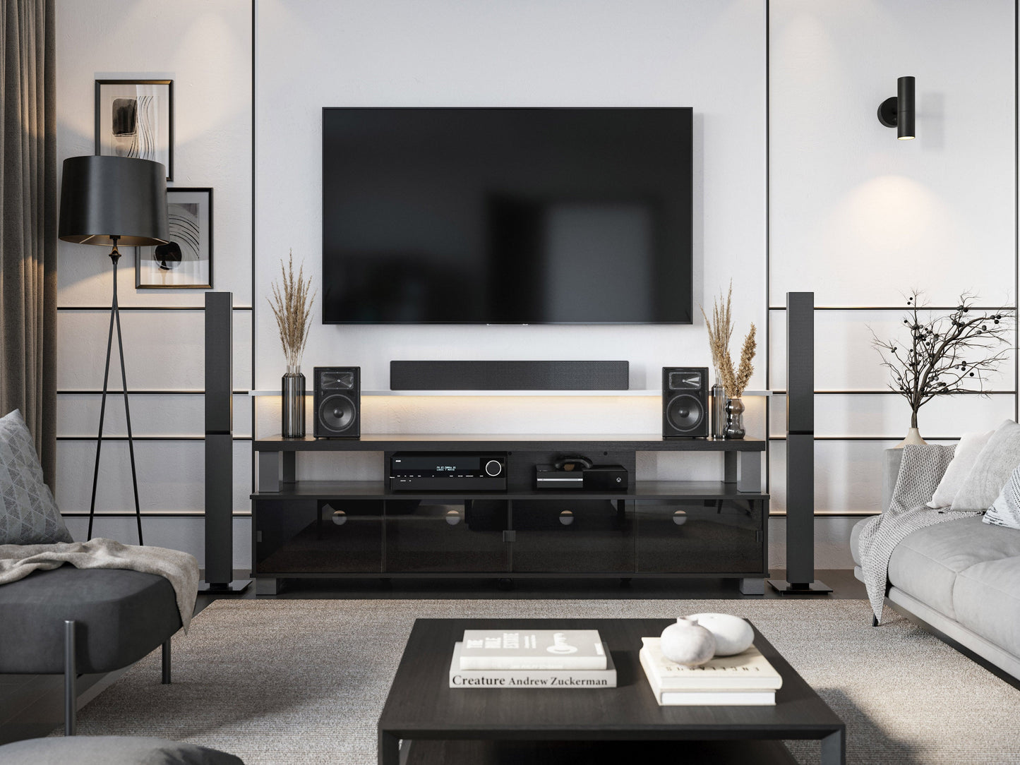 Extra wide TV stand for TVs up to 95", dark wood finish, sleek design, ample storage shelves, modern living room furniture.