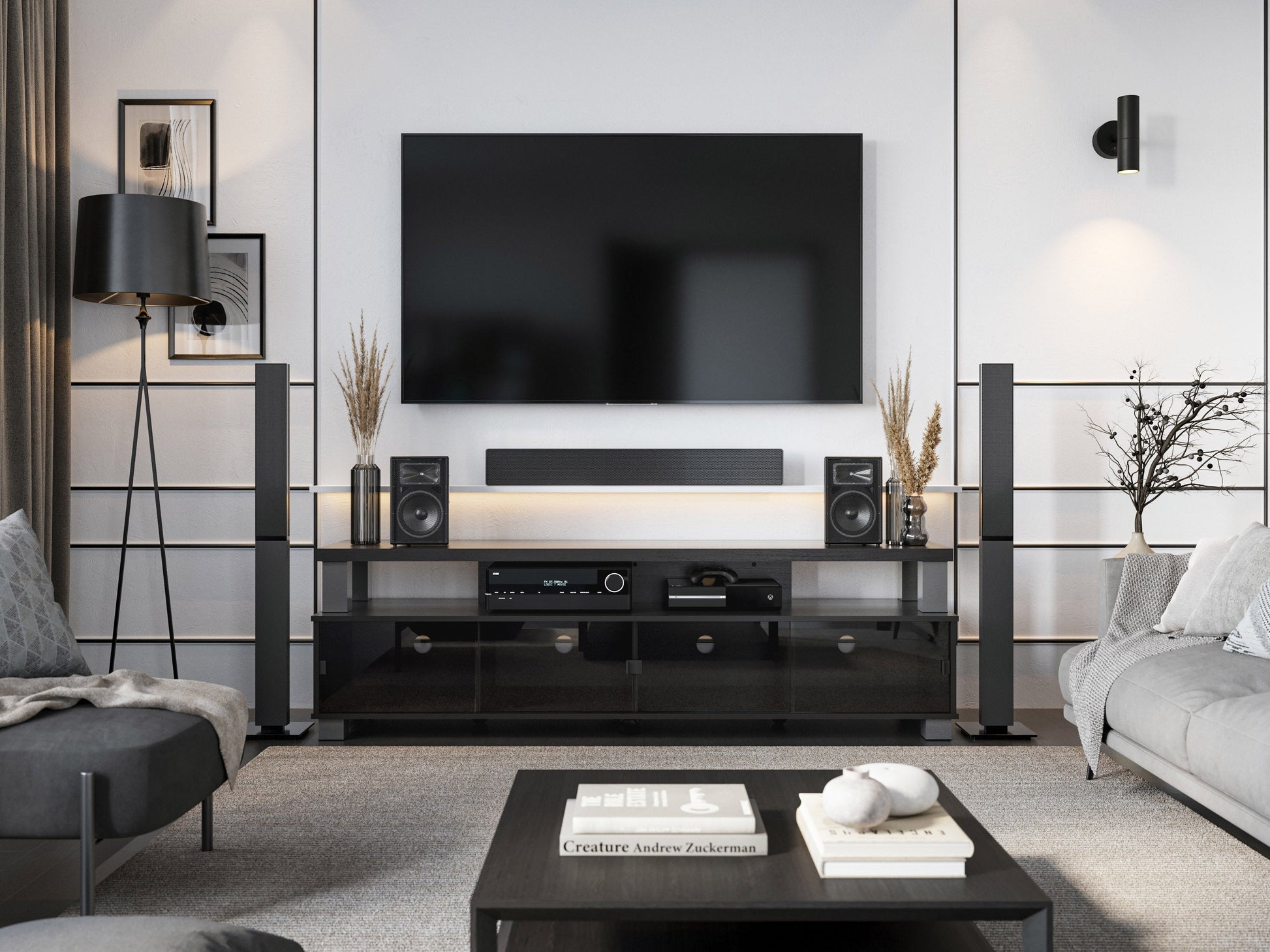Extra wide TV stand for TVs up to 95", dark wood finish, sleek design, ample storage shelves, modern living room furniture.