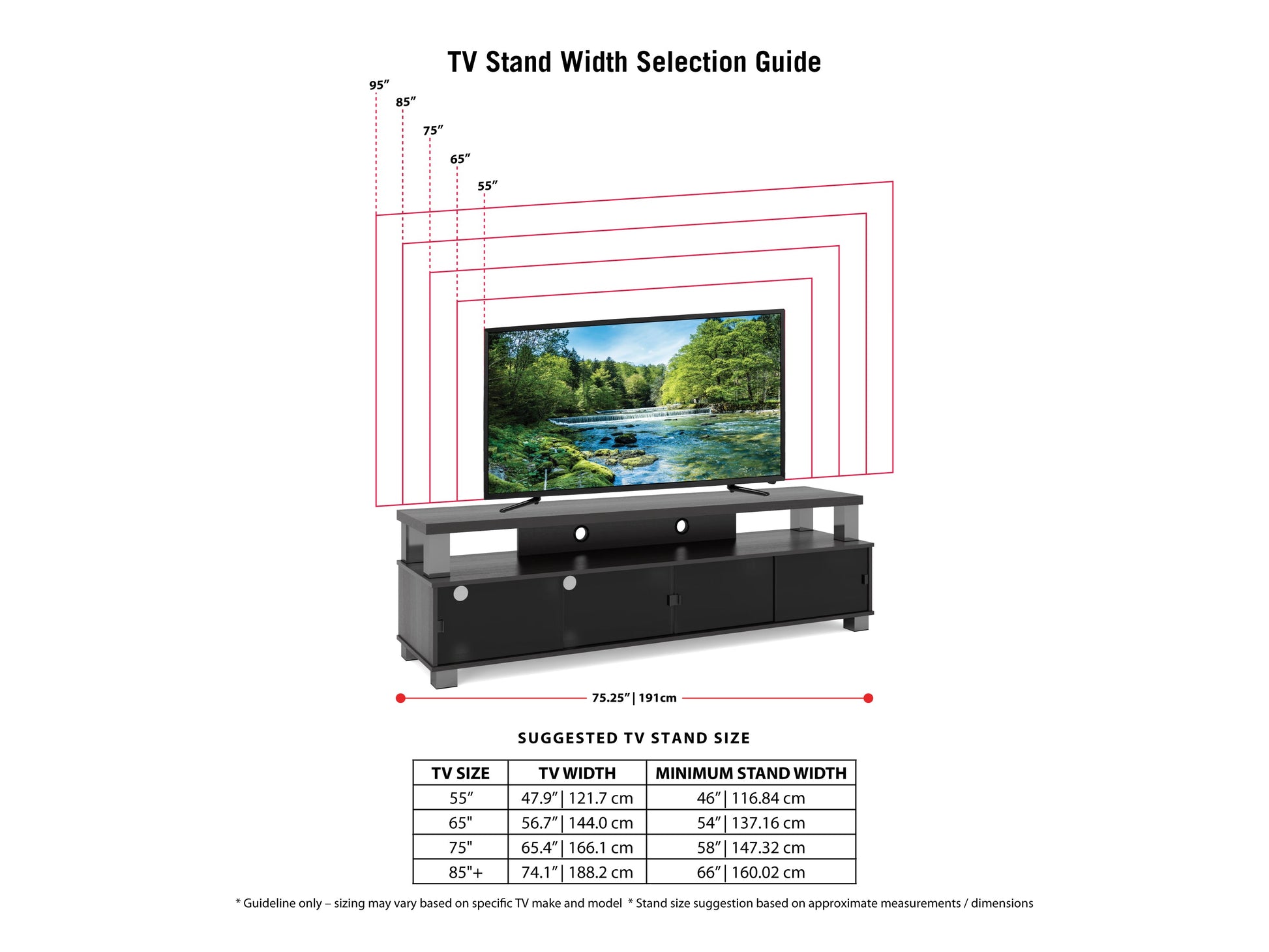 Extra wide TV stand for 95" TVs, dark wood finish, sleek design with ample storage and cable management.