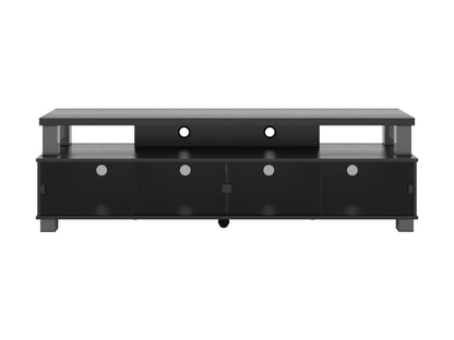 Extra wide TV stand for TVs up to 95", sleek black wood finish, open shelving, and cable management.