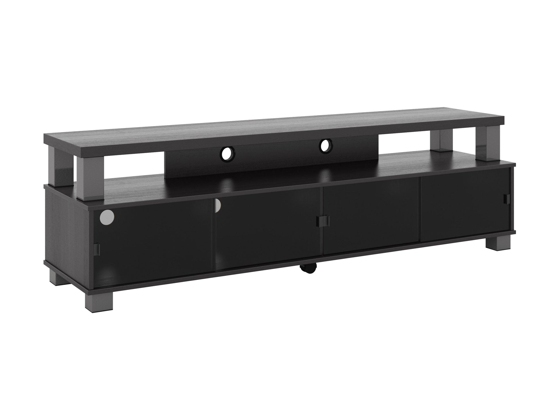 Extra wide TV stand for 95" TVs, black wood finish, sleek design with ample storage shelves and cable management.