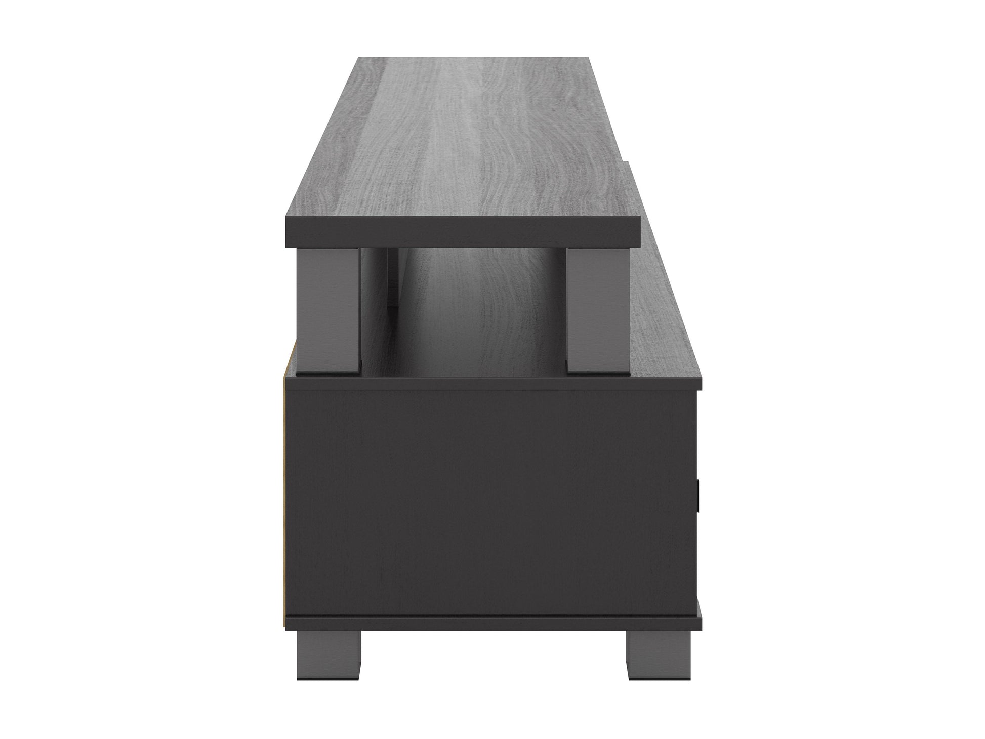 Wide TV stand for 95" TVs, sleek black finish, wood and metal construction, modern design with ample storage shelves.