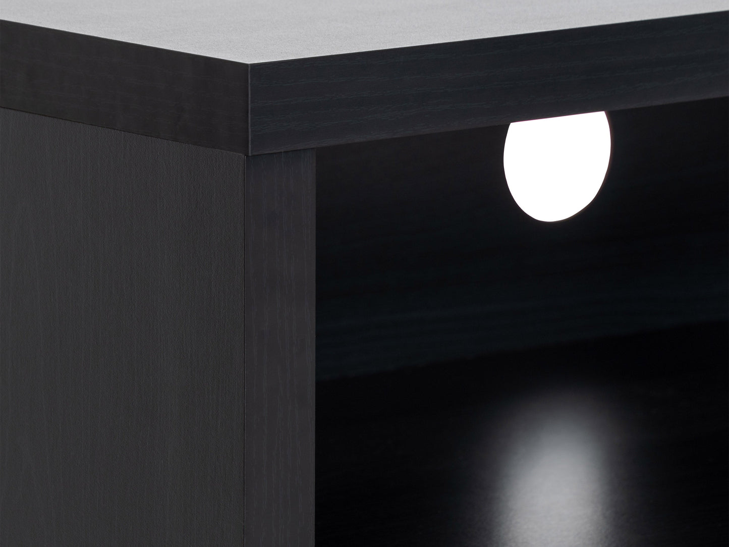 Black TV stand for TVs up to 95 inches, featuring sleek design with open shelves and durable construction.