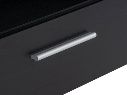 Black TV stand for TVs up to 95 inches, featuring sleek design, sturdy wooden construction, and ample storage space.