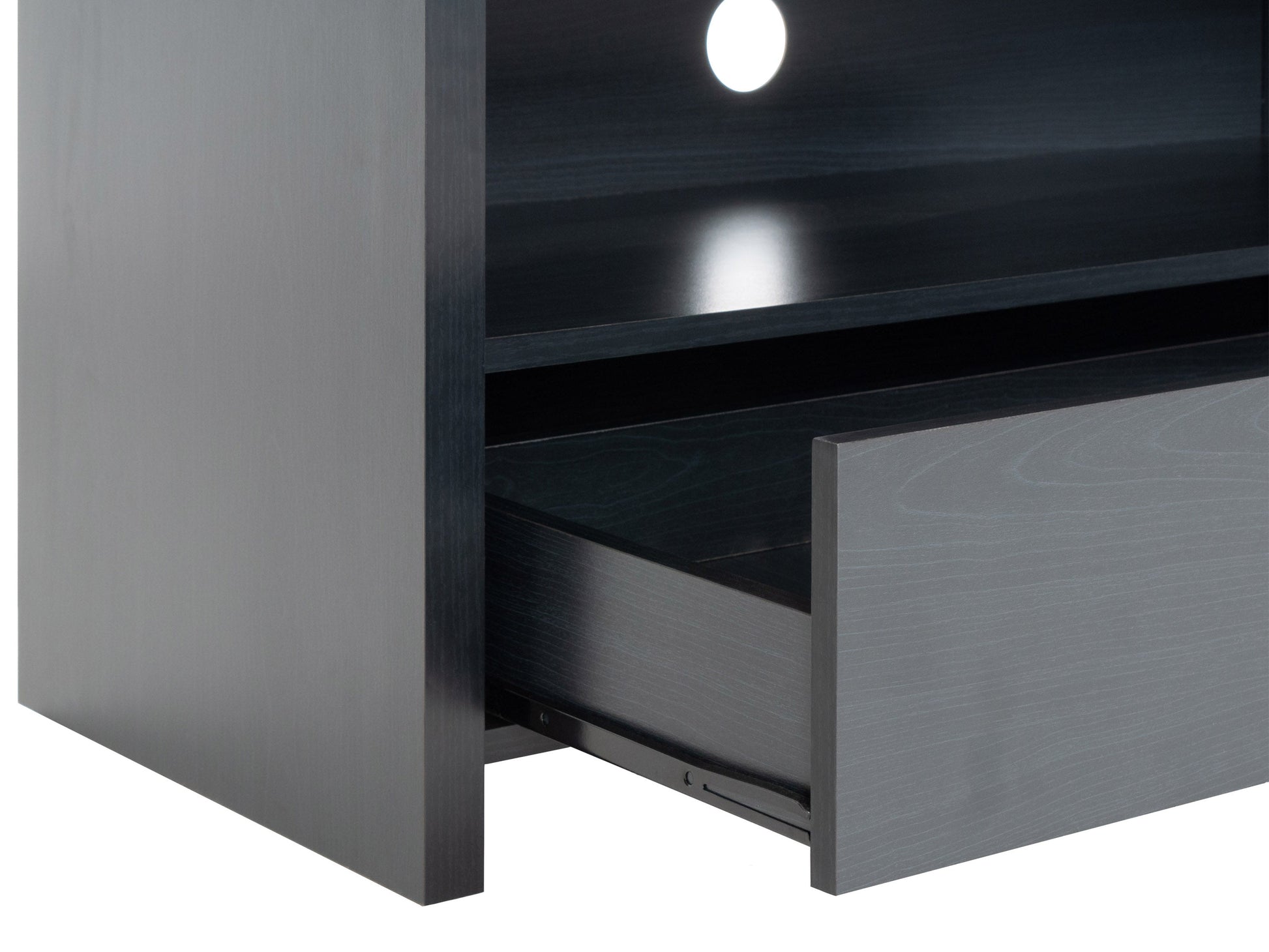 Black TV stand for TVs up to 95 inches, sleek design with open shelving and modern metal frame.