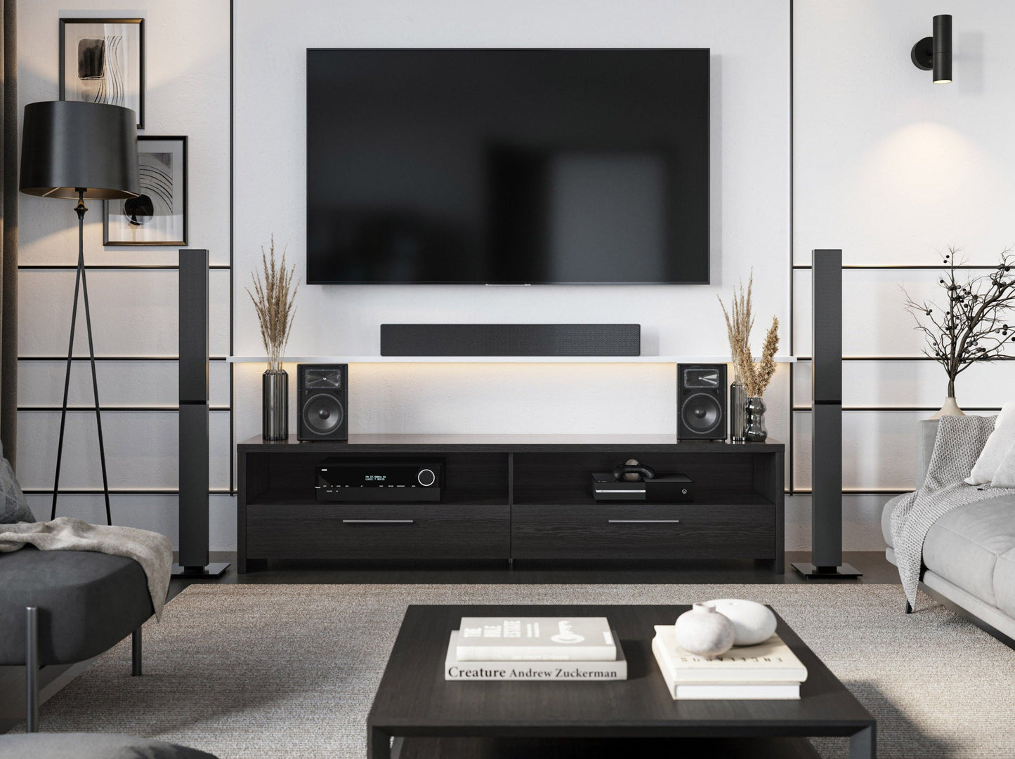 Black TV stand for TVs up to 95", sleek design with open shelving, cable management, and sturdy wood construction.