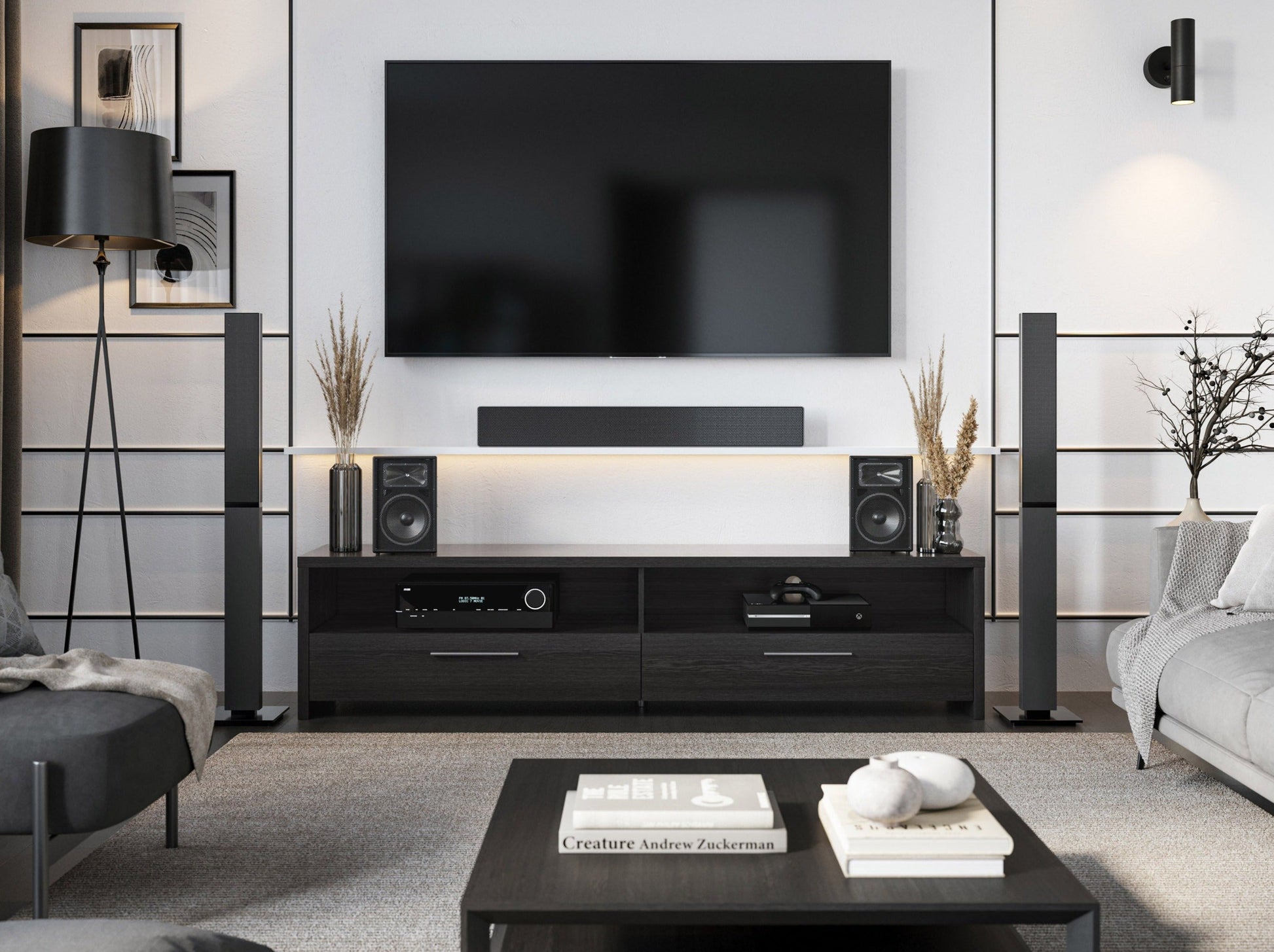 Black TV stand for TVs up to 95", sleek design with open shelving, cable management, and sturdy wood construction.