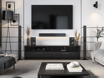 Black TV stand for TVs up to 95", sleek design with open shelving, cable management, and sturdy wood construction.