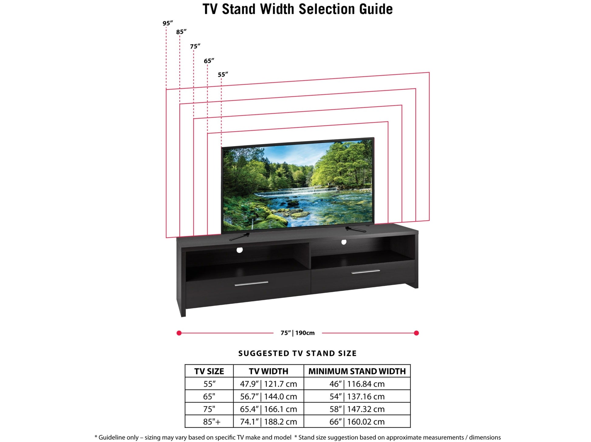 Black TV stand for TVs up to 95 inches, featuring sleek design, ample storage, and durable construction.