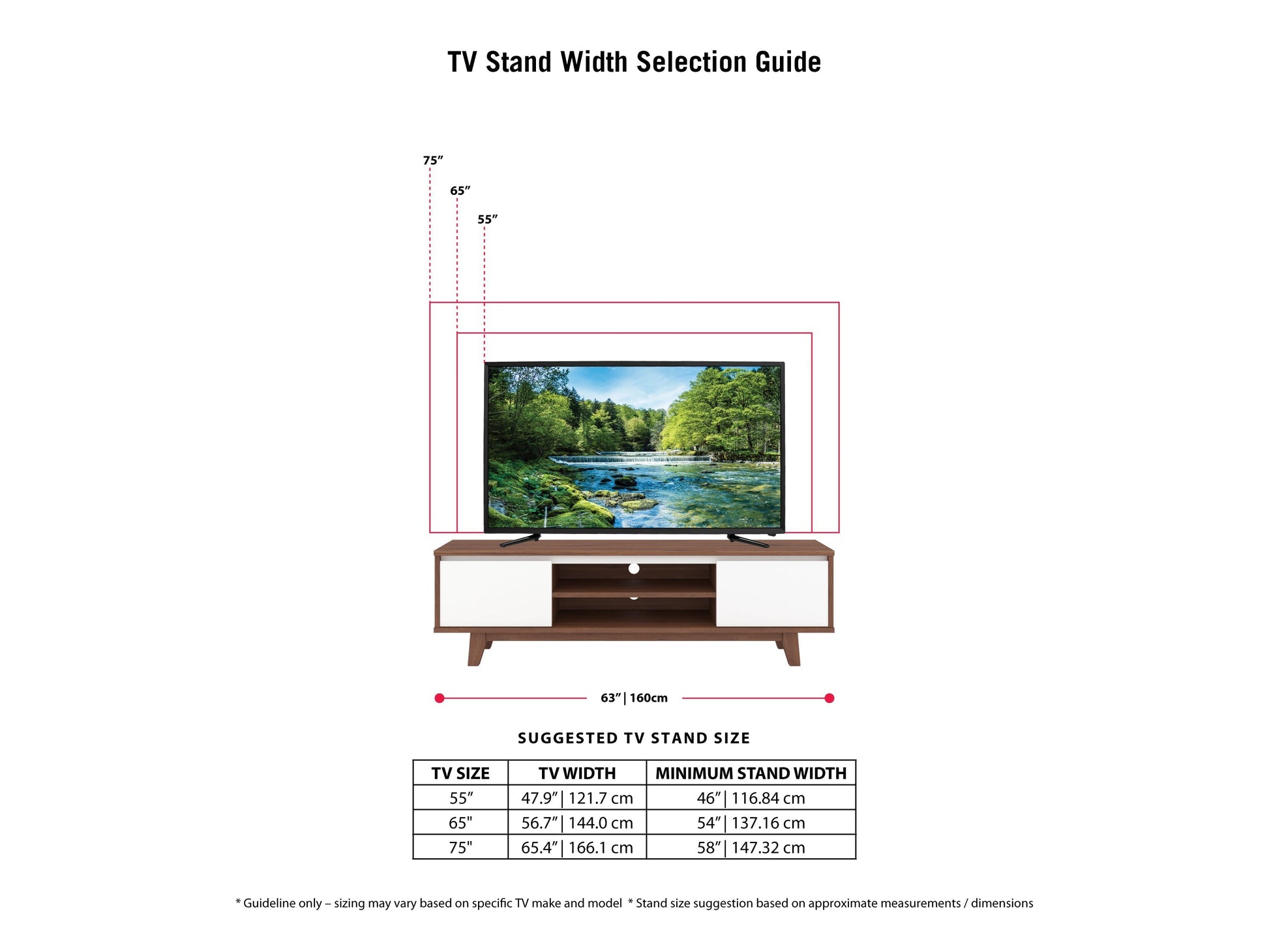 White and dark brown wood TV stand for TVs up to 68 inches, featuring open shelving and a minimalist design.