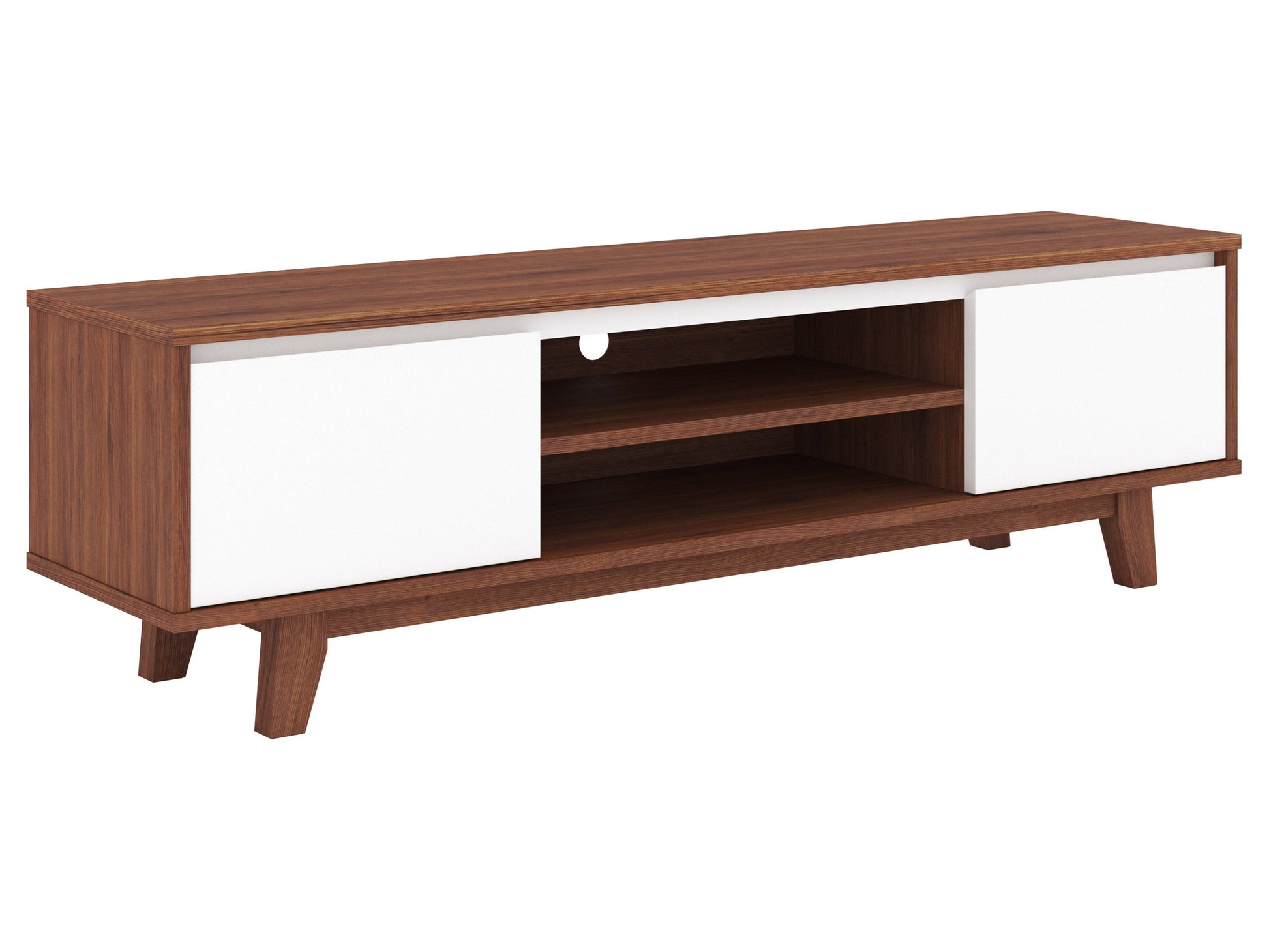 White and dark brown wood TV stand for TVs up to 68", featuring open shelves and minimalist design.